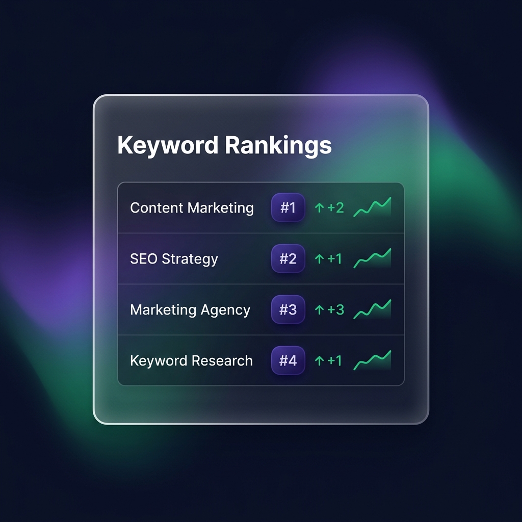 A keyword rankings dashboard showing four keywords climbing positions