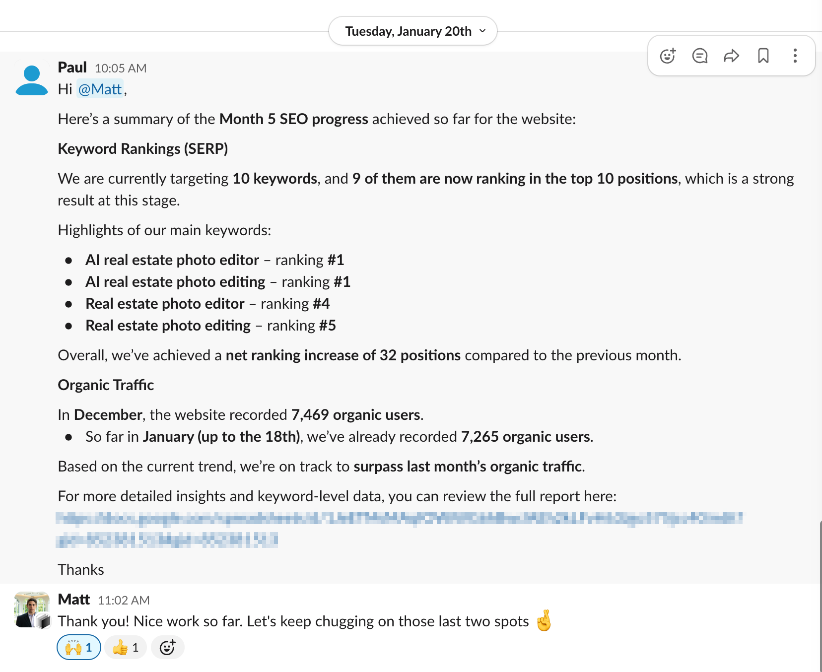 Slack conversation showing month 5 SEO progress with a real client